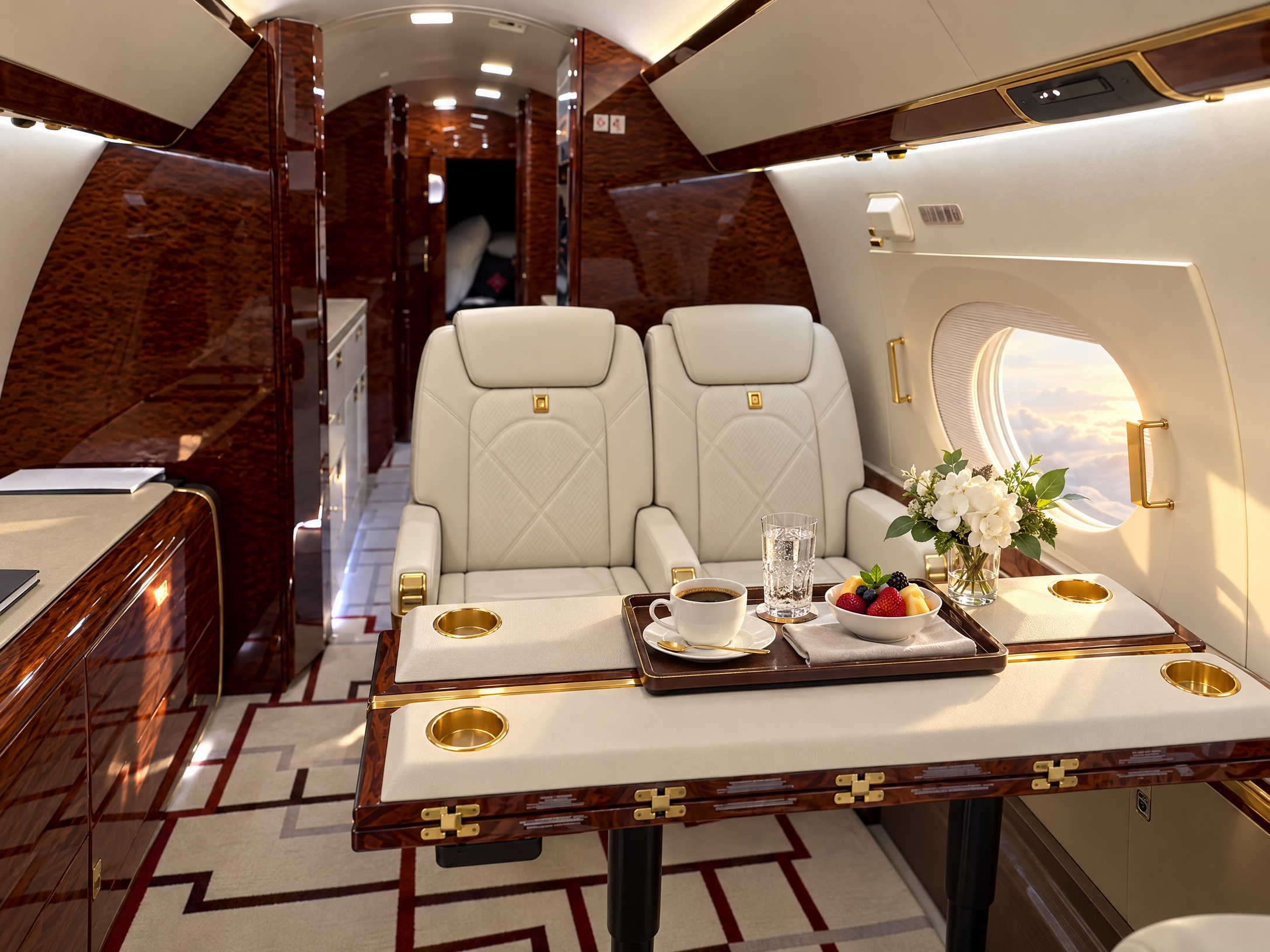 Coffee and fresh fruit inside the G450 cabin